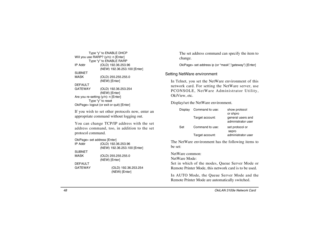 Oki 3100e manual Setting NetWare environment, Default 