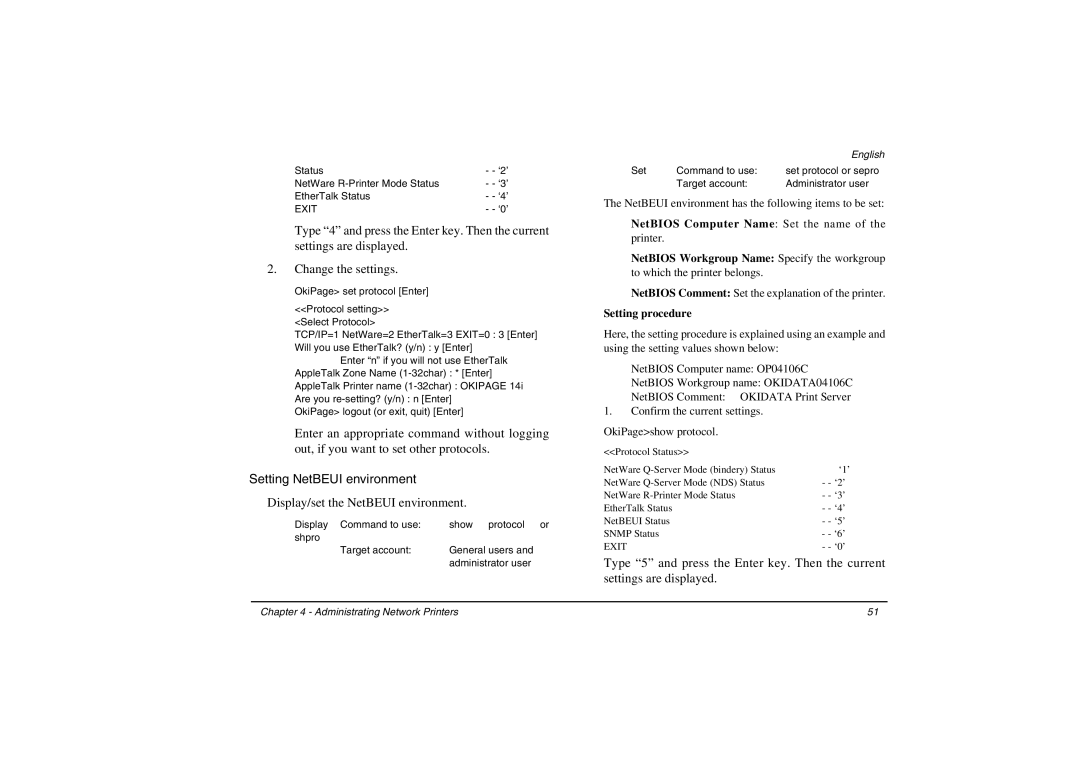 Oki 3100e manual Setting NetBEUI environment, Display/set the NetBEUI environment 