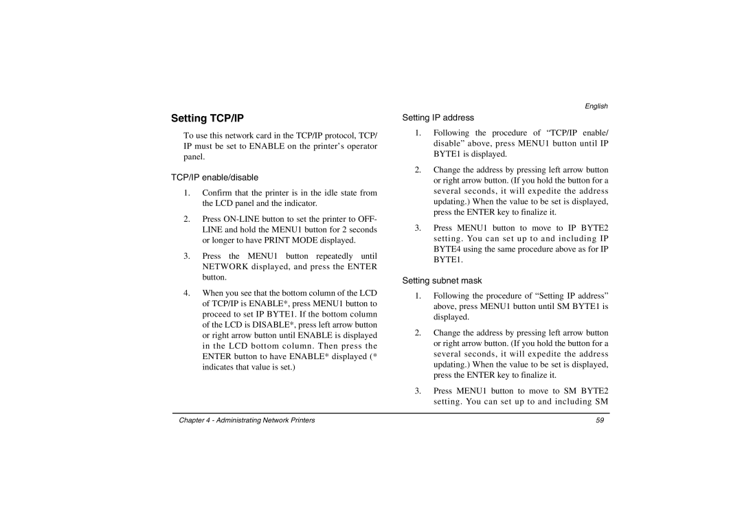 Oki 3100e manual Setting TCP/IP, TCP/IP enable/disable, Setting IP address, Setting subnet mask 