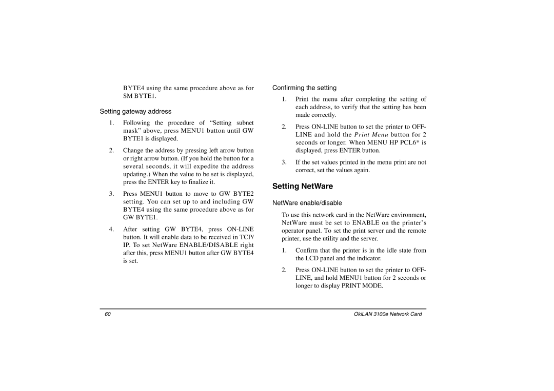 Oki 3100e manual Setting NetWare, Setting gateway address, Confirming the setting, NetWare enable/disable 