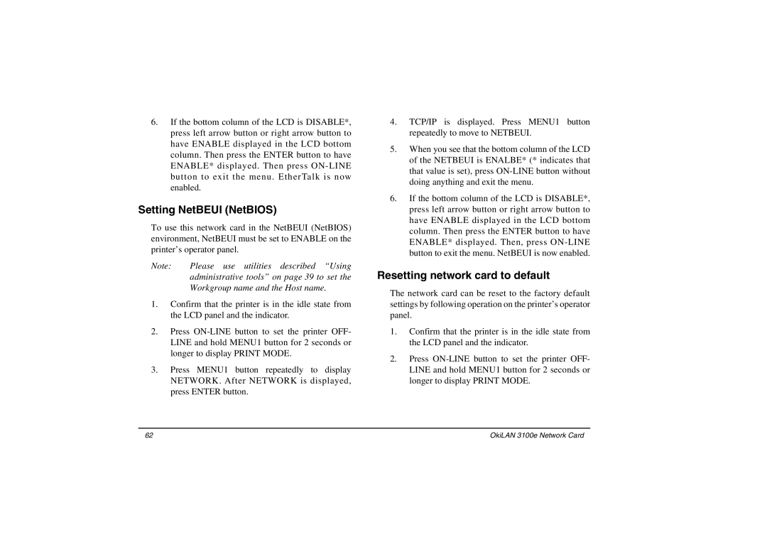 Oki 3100e manual Setting NetBEUI NetBIOS, Resetting network card to default 