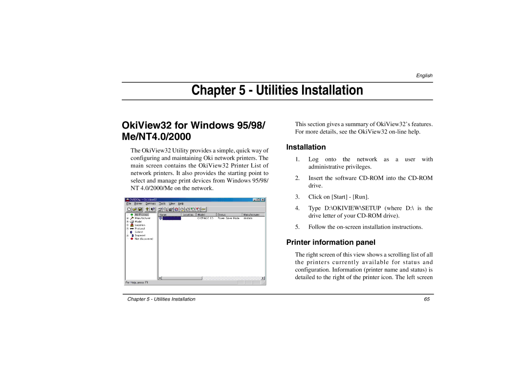 Oki 3100e manual OkiView32 for Windows 95/98/ Me/NT4.0/2000, Installation, Printer information panel 