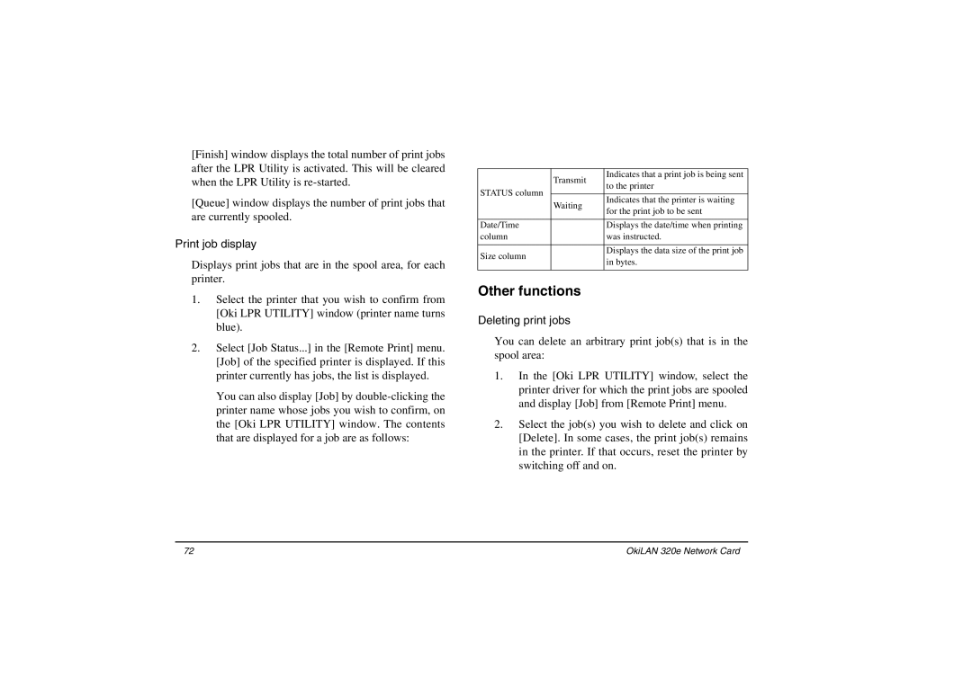 Oki 3100e manual Other functions, Print job display, Deleting print jobs 