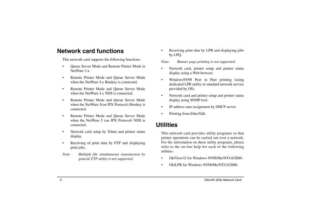Oki 3100e manual Network card functions, Utilities 