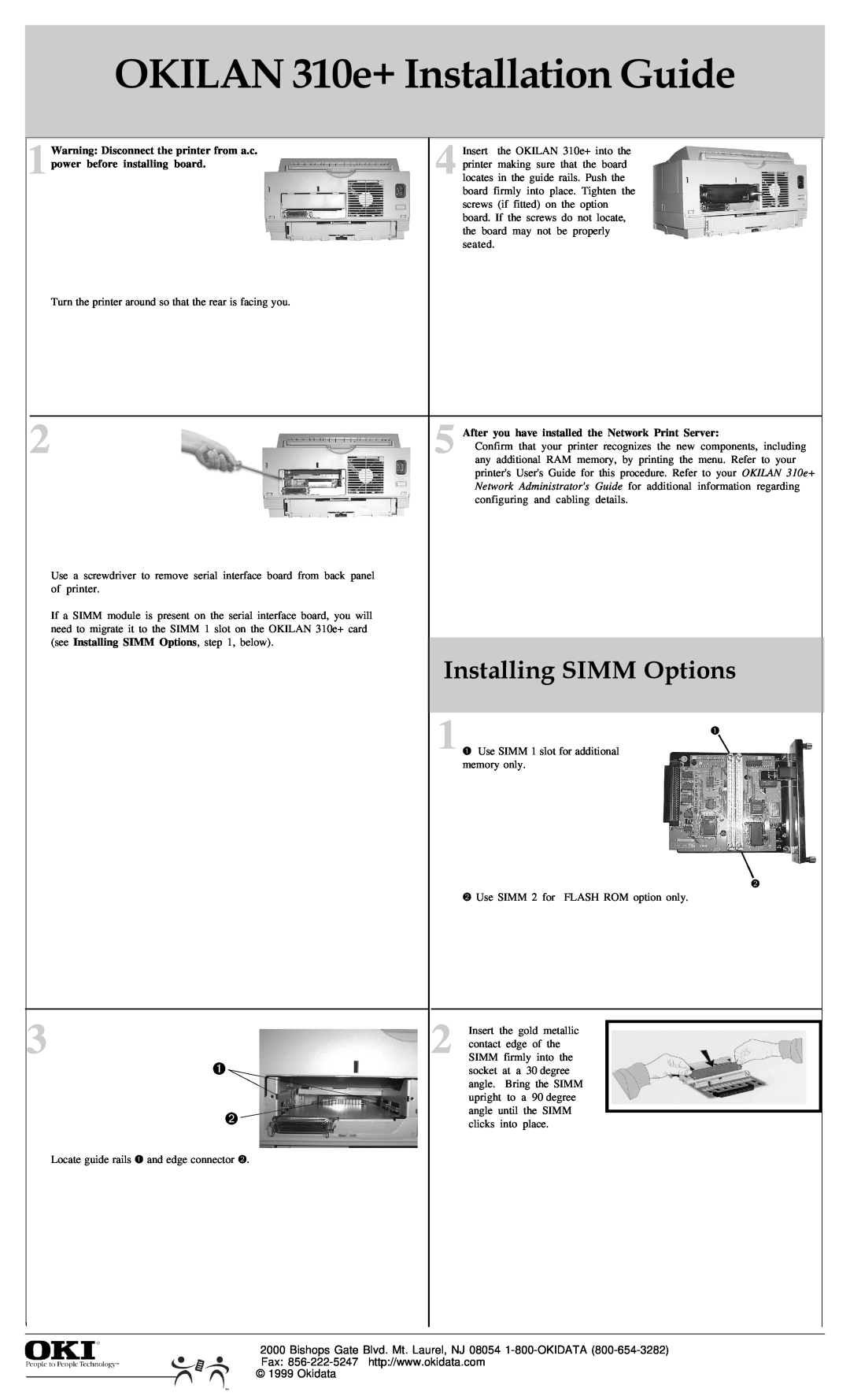 Oki 310Eplus manual OKILAN 310e+ Installation Guide, Installing SIMM Options, Warning Disconnect the printer from a.c 