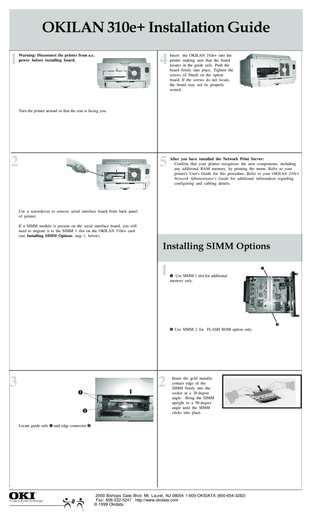 Oki 310Eplus manual Okilan 310e+ Installation Guide, Installing Simm Options, Power before installing board 