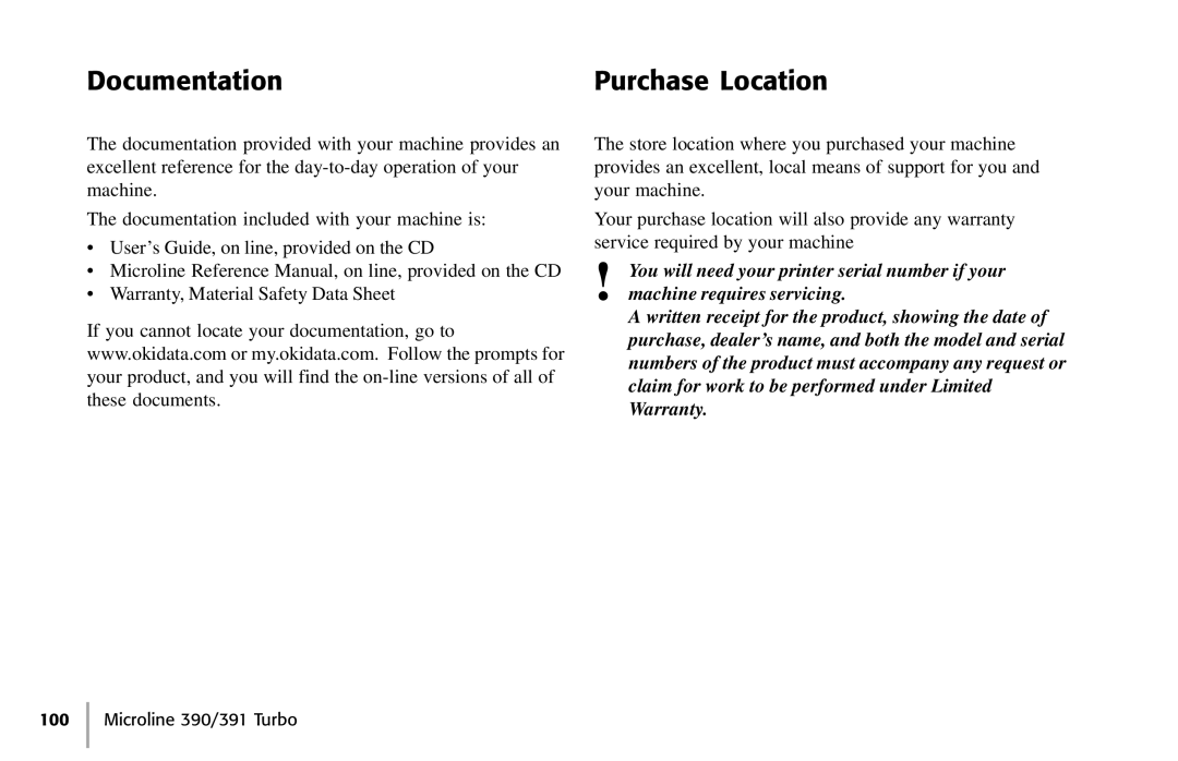 Oki 390, 391 manual Documentation Purchase Location 