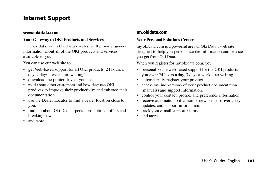 Oki 391, 390 manual Internet Support, Your Gateway to OKI Products and Services 