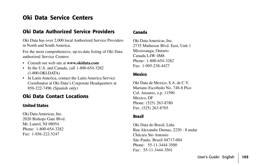 Oki 391, 390 manual Oki Data Service Centers, Oki Data Authorized Service Providers, Oki Data Contact Locations 