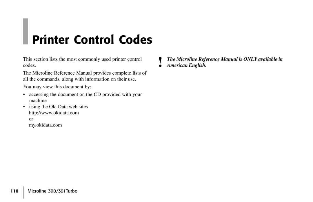 Oki 390, 391 manual Printer Control Codes, Microline Reference Manual is only available, American English 