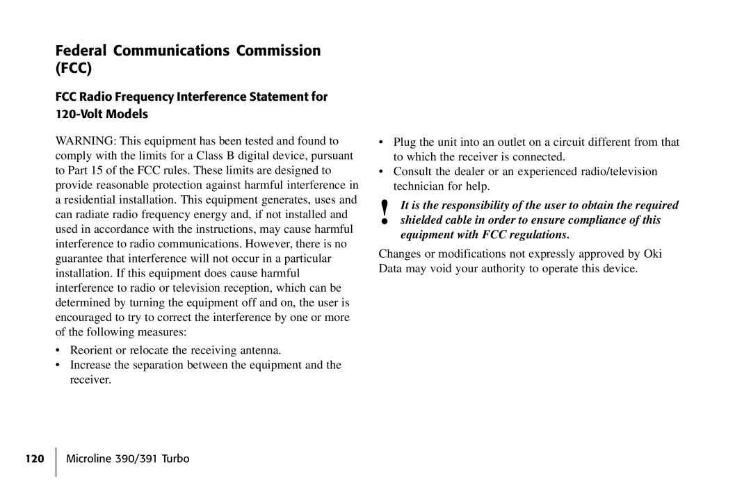 Oki 390, 391 manual Federal Communications Commission FCC 