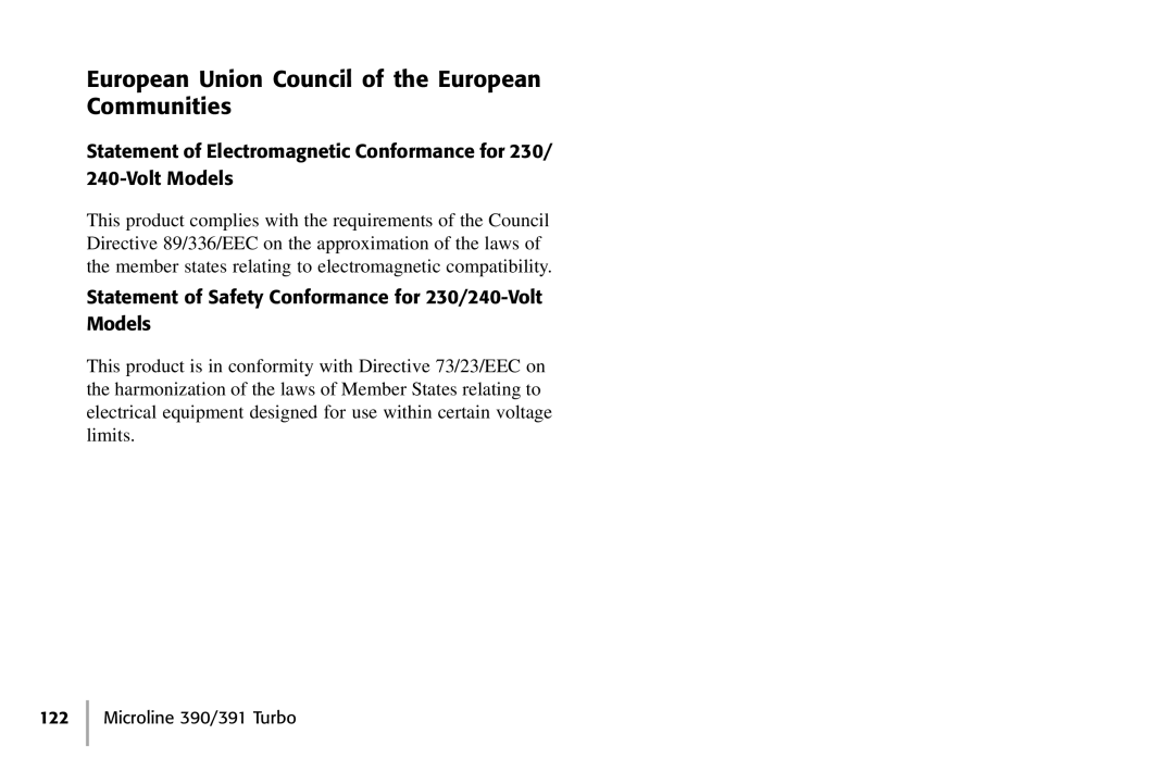 Oki 390, 391 European Union Council of the European Communities, Statement of Safety Conformance for 230/240-Volt Models 