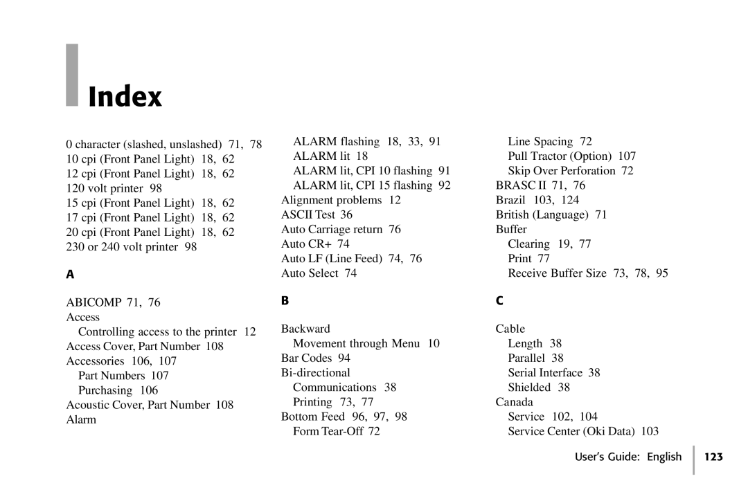 Oki 391, 390 manual Index 