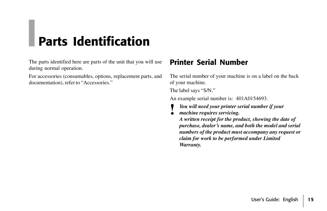 Oki 391, 390 manual Parts Identification, Printer Serial Number 