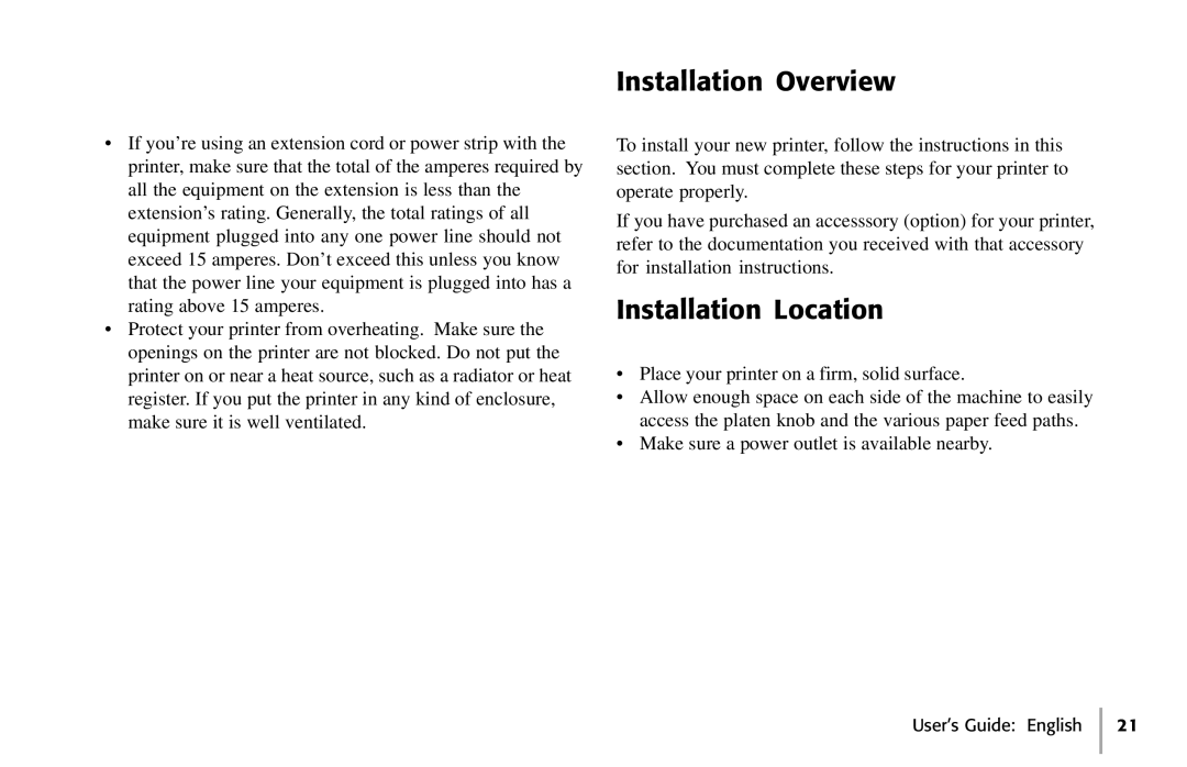 Oki 391, 390 manual Installation Overview, Installation Location 