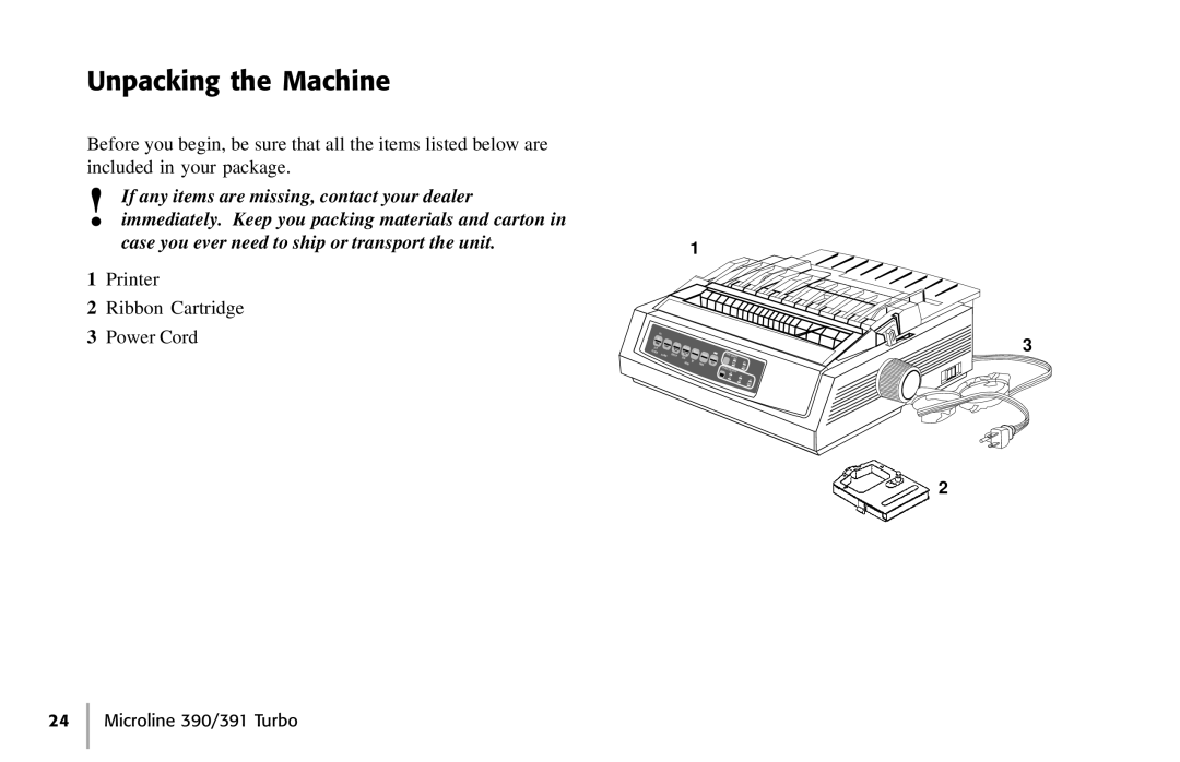 Oki 390, 391 manual Unpacking the Machine, Printer Ribbon Cartridge Power Cord 