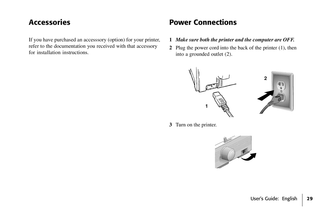 Oki 391, 390 manual Accessories Power Connections, Make sure both the printer and the computer are OFF 