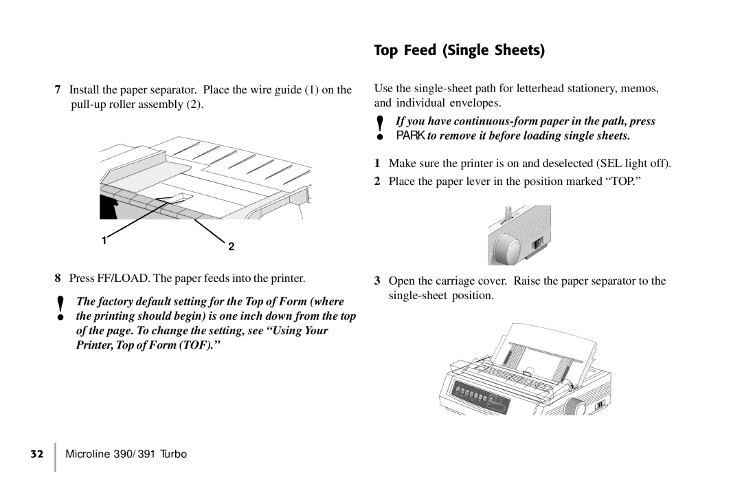 Oki 390, 391 manual Top Feed Single Sheets 