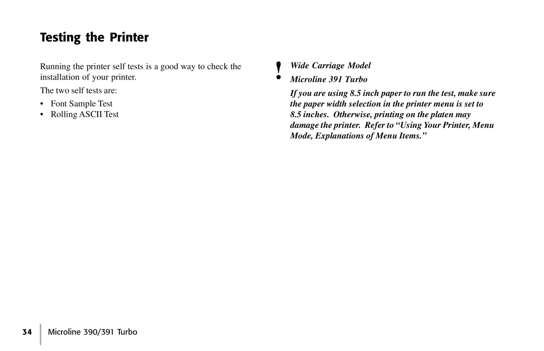 Oki 390, 391 manual Testing the Printer 