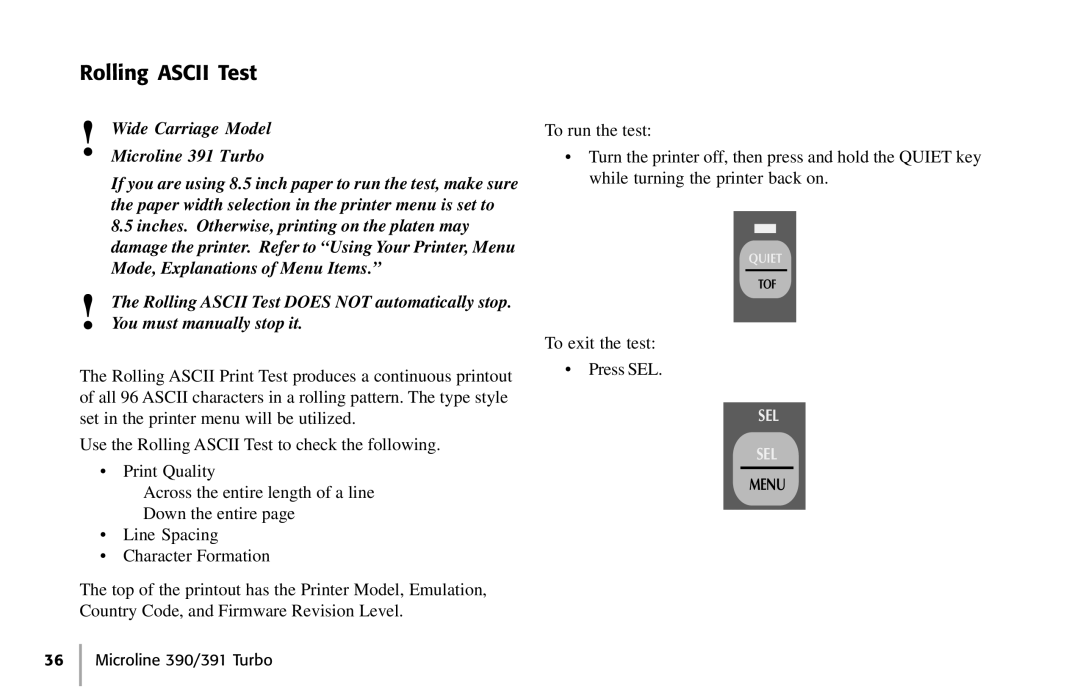 Oki 390, 391 manual Rolling Ascii Test 