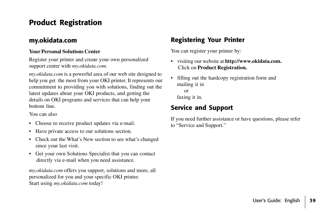 Oki 391, 390 manual Product Registration, My.okidata.com, Registering Your Printer, Service and Support 