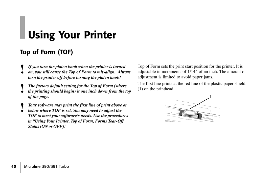 Oki 390, 391 manual Using Your Printer, Top of Form TOF 