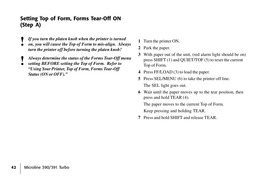 Oki 390, 391 manual Setting Top of Form, Forms Tear-Off on Step a 