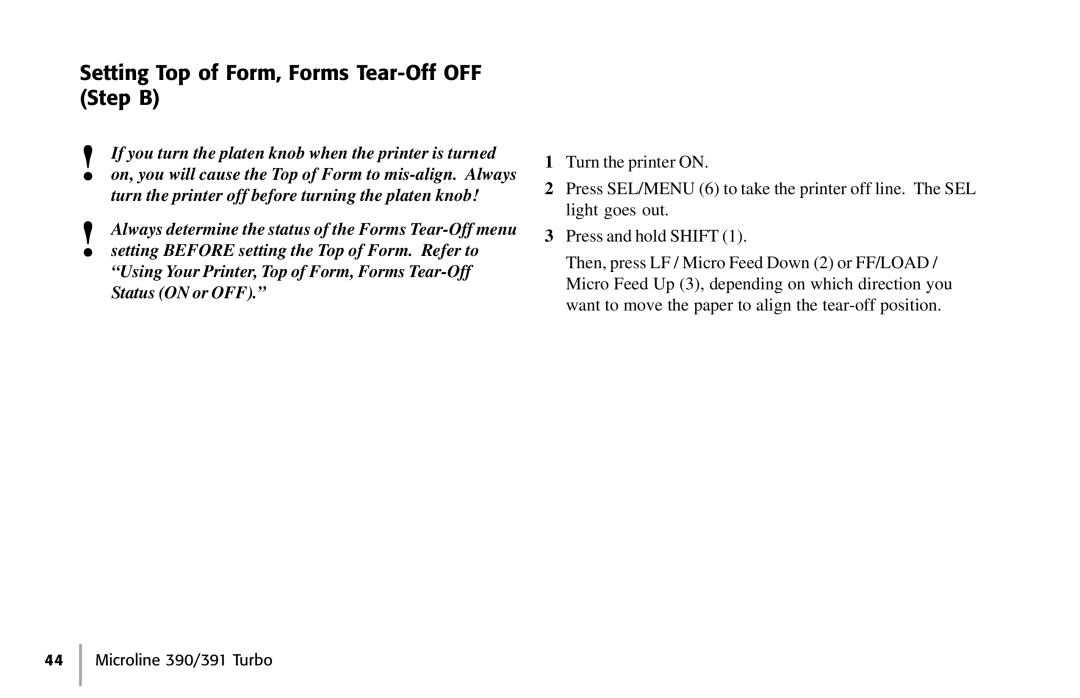 Oki 390, 391 manual Setting Top of Form, Forms Tear-Off OFF Step B 