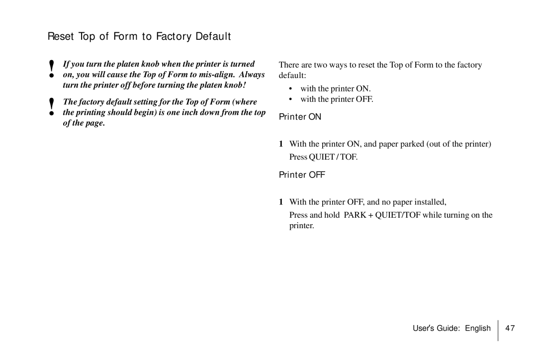 Oki 391, 390 manual Reset Top of Form to Factory Default, Printer OFF 