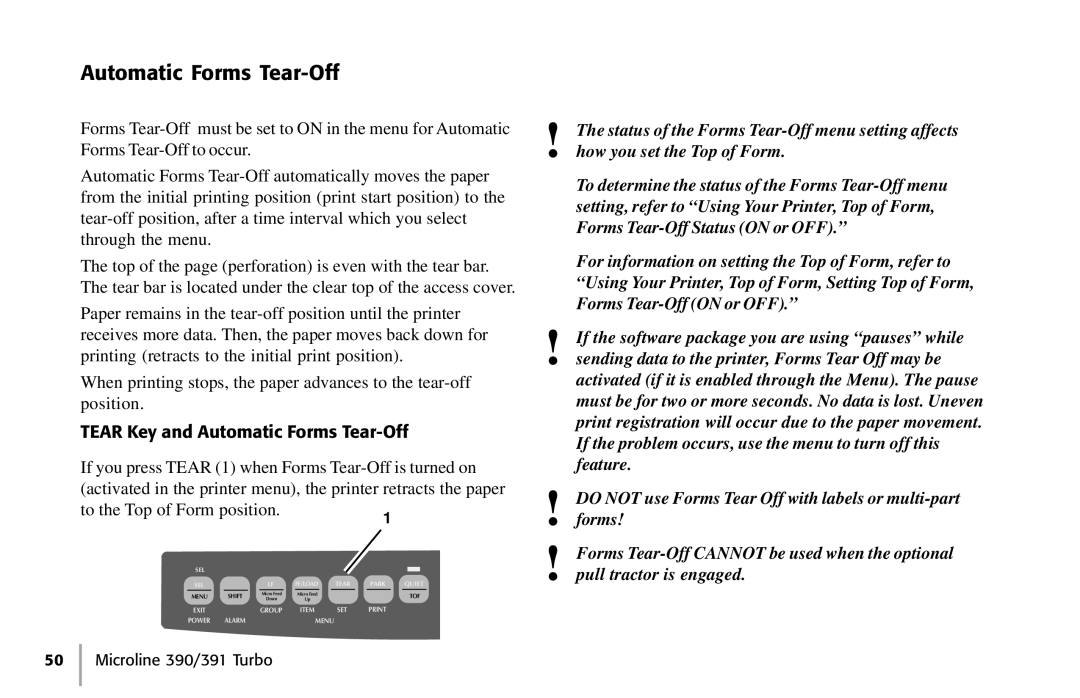 Oki 390, 391 manual Automatic Forms Tear-Off 