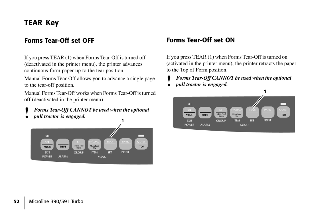 Oki 390, 391 manual Tear Key, Forms Tear-Off set OFF, Forms Tear-Off set on 