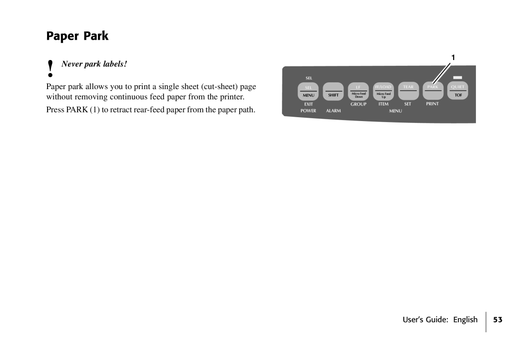 Oki 391, 390 manual Paper Park, Never park labels 