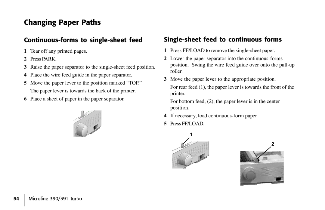 Oki 390, 391 manual Changing Paper Paths, Continuous-forms to single-sheet feed, Single-sheet feed to continuous forms 