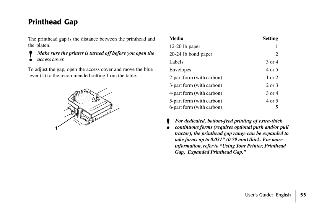 Oki 391, 390 manual Printhead Gap, Media Setting 