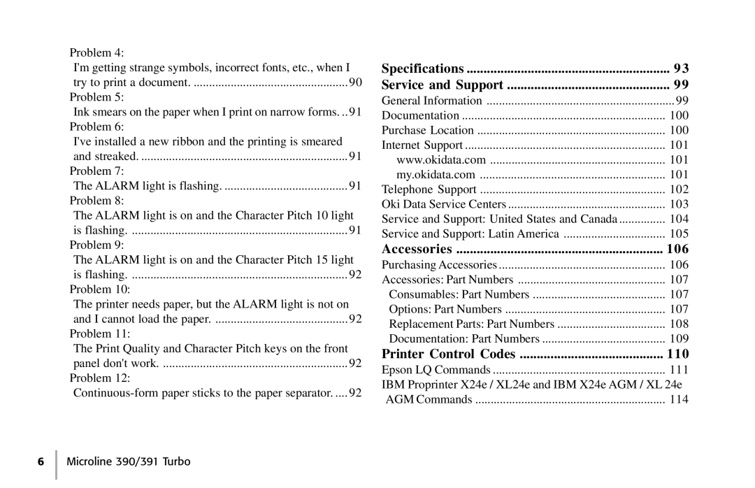 Oki 390, 391 manual Specifications Service and Support, Accessories 