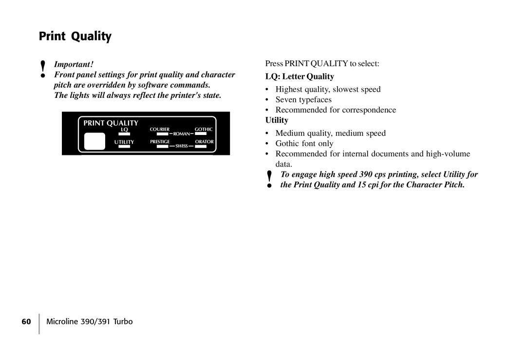 Oki 390, 391 manual Print Quality, LQ Letter Quality, Utility 