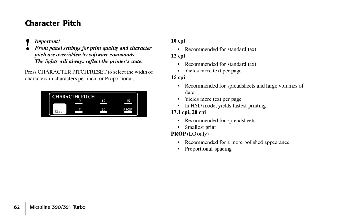 Oki 390, 391 manual Character Pitch, 10 cpi, 12 cpi, 15 cpi, 17.1 cpi, 20 cpi 