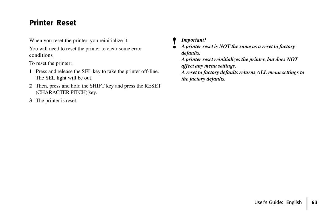 Oki 391, 390 manual Printer Reset 