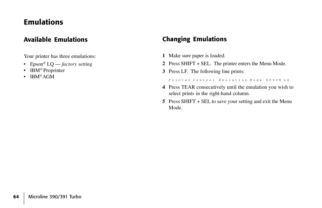 Oki 390, 391 manual Available Emulations, Changing Emulations 