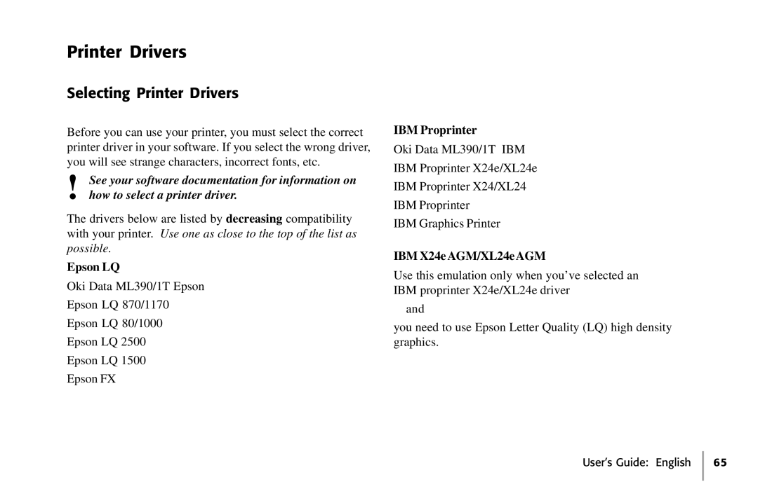 Oki 391, 390 manual Selecting Printer Drivers, Epson LQ, IBM Proprinter, IBM X24e AGM/XL24e AGM 