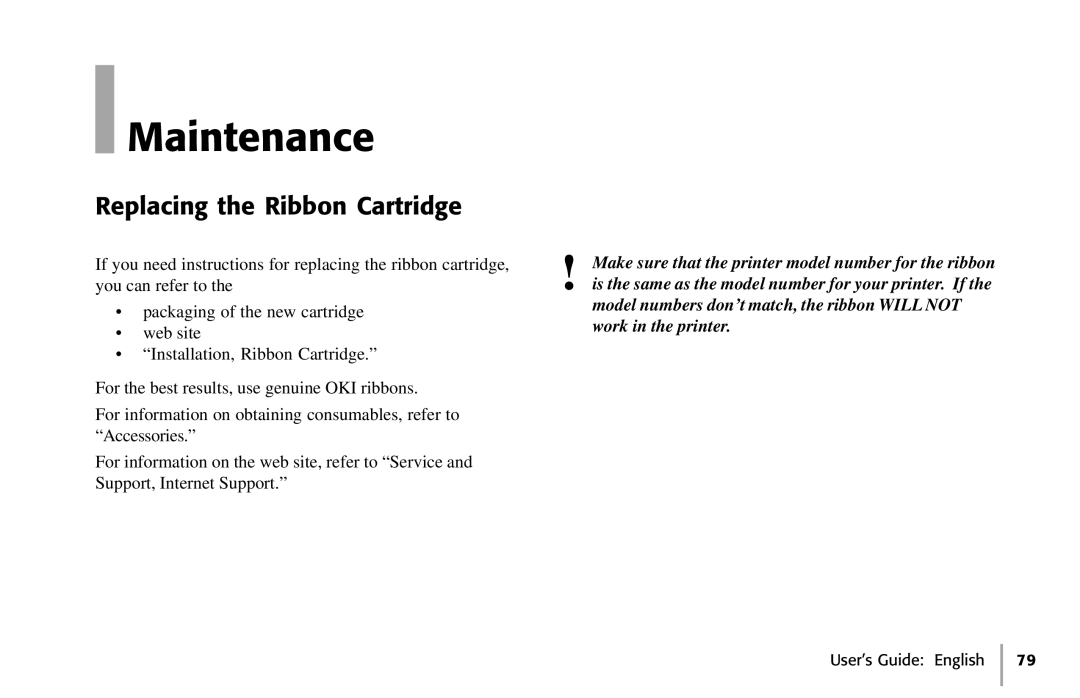 Oki 391, 390 manual Maintenance, Replacing the Ribbon Cartridge 