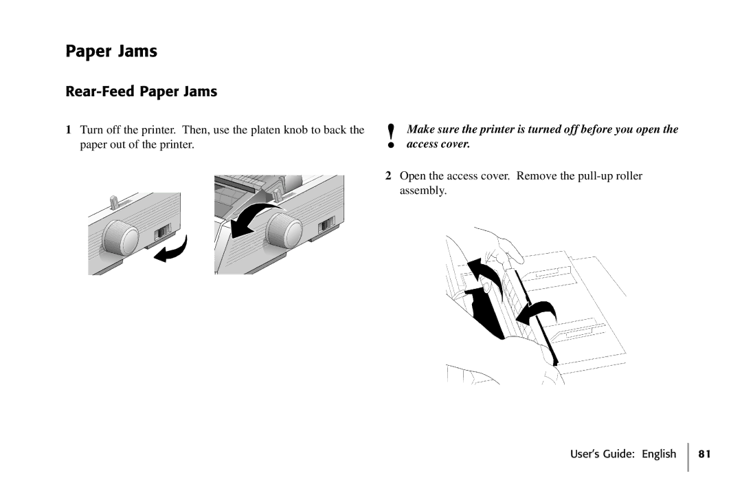 Oki 391, 390 manual Rear-Feed Paper Jams, Make sure the printer is turned off before you open, Access cover 