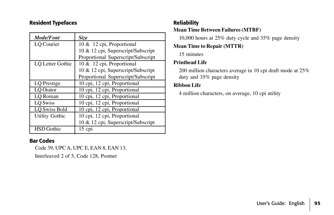 Oki 391, 390 manual Mode/Font Size, Mean Time Between Failures Mtbf, Mean Time to Repair Mttr, Printhead Life, Ribbon Life 