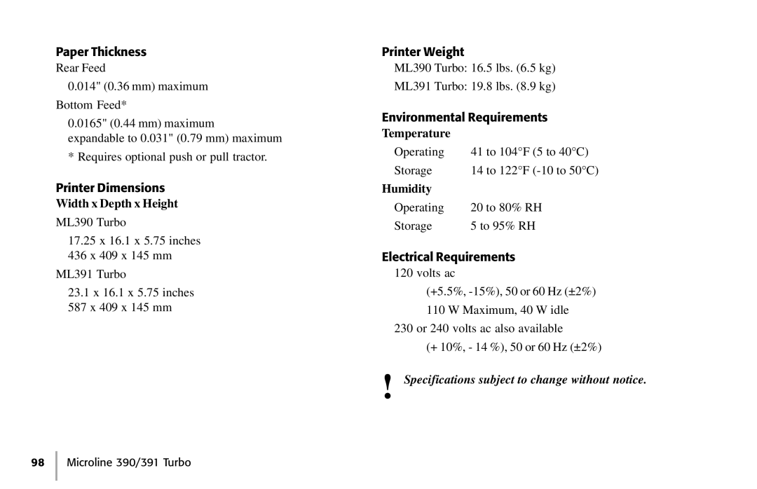 Oki 390, 391 manual Width x Depth x Height, Temperature, Humidity 