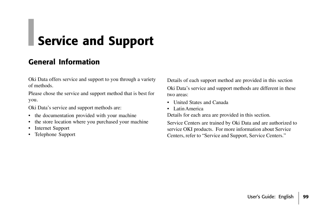 Oki 391, 390 manual Service and Support, General Information 