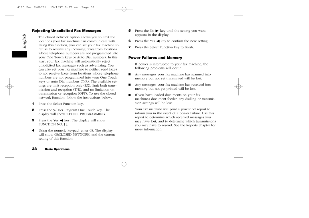 Oki 4100 manual Rejecting Unsolicited Fax Messages, Power Failures and Memory 