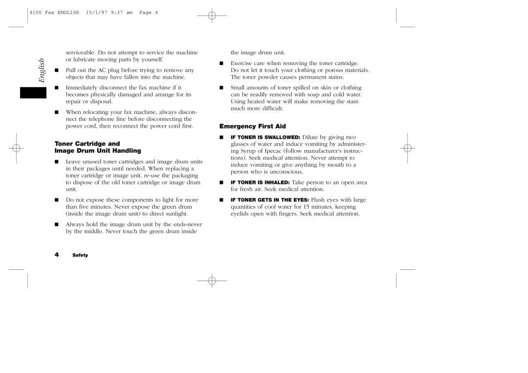 Oki 4100 manual Toner Cartridge Image Drum Unit Handling, Emergency First Aid 