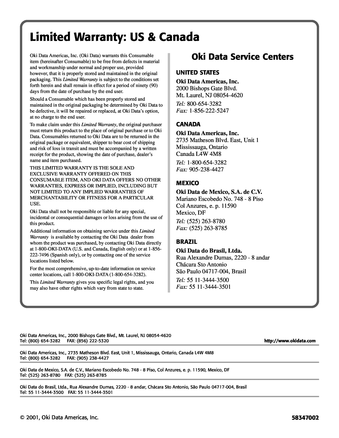 Oki 41515207 Limited Warranty US & Canada, Oki Data Service Centers, United States, Oki Data Americas, Inc, Mexico, Brazil 