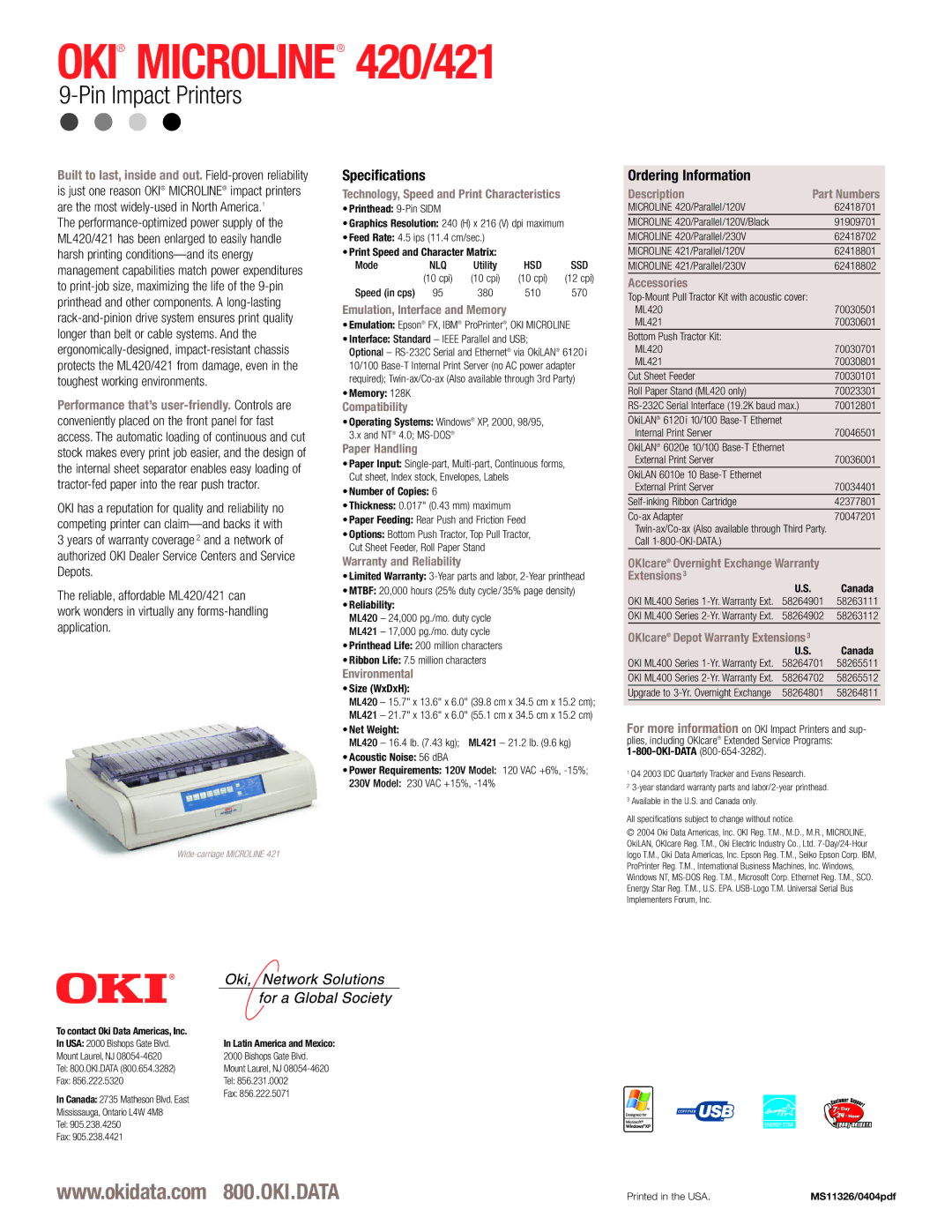 Oki 421, 420 Technology, Speed and Print Characteristics, Emulation, Interface and Memory, Compatibility, Paper Handling 