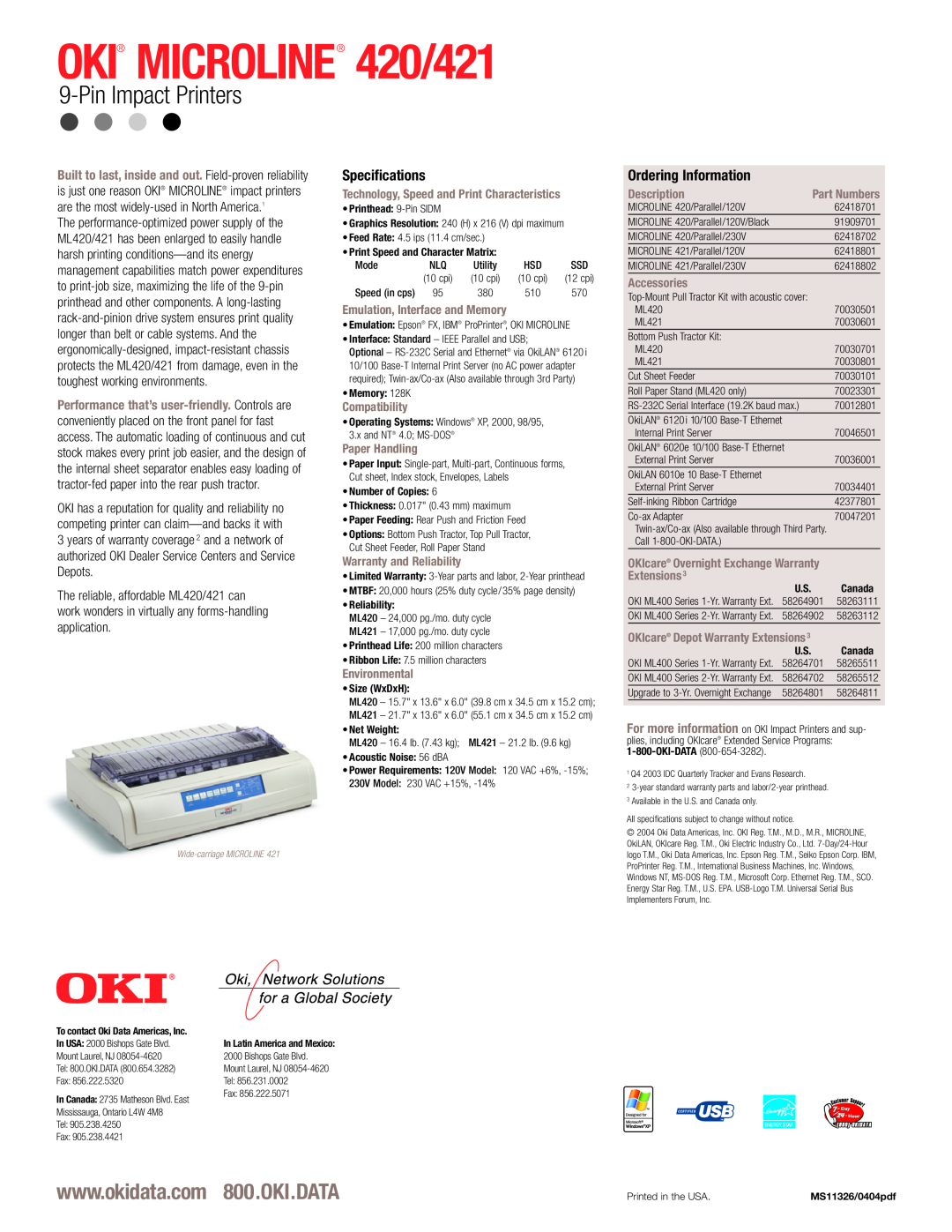 Oki warranty OKI MICROLINE 420/421, Pin Impact Printers, Specifications, Ordering Information 